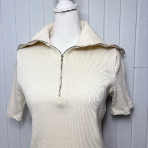 ZARA Sweater Dress Ivory Short Sleeves Quarter Zip Ribbed Knit Size Size M - Picture 10 of 11